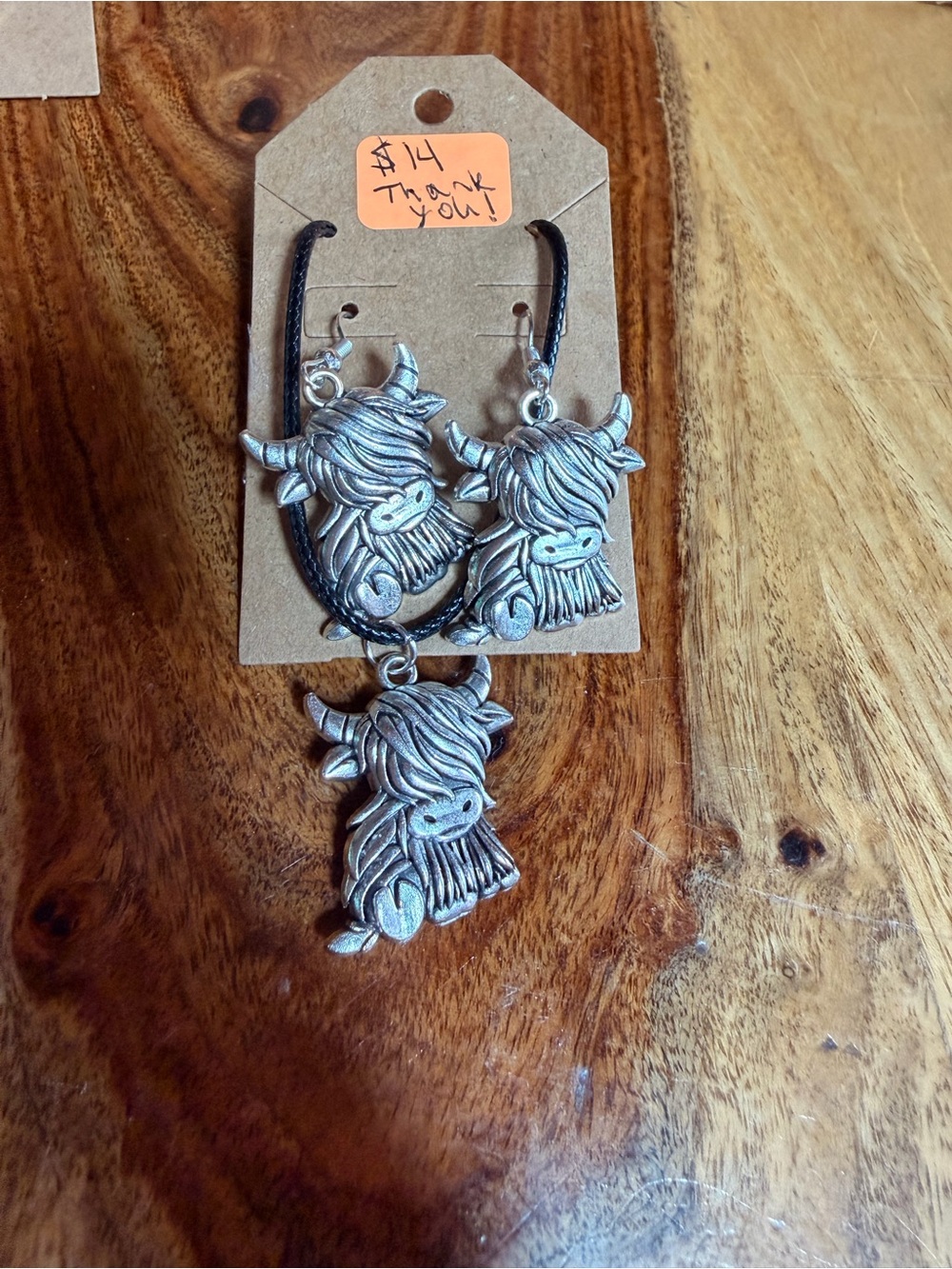Silver Highland Cow Pendant Necklace and Earring Set